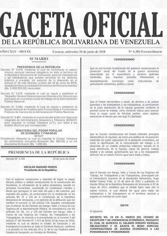 gaceta oficial salario minimo venezuela junio 2018