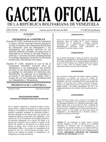 gaceta oficial salario minimo venezuela enero 2020