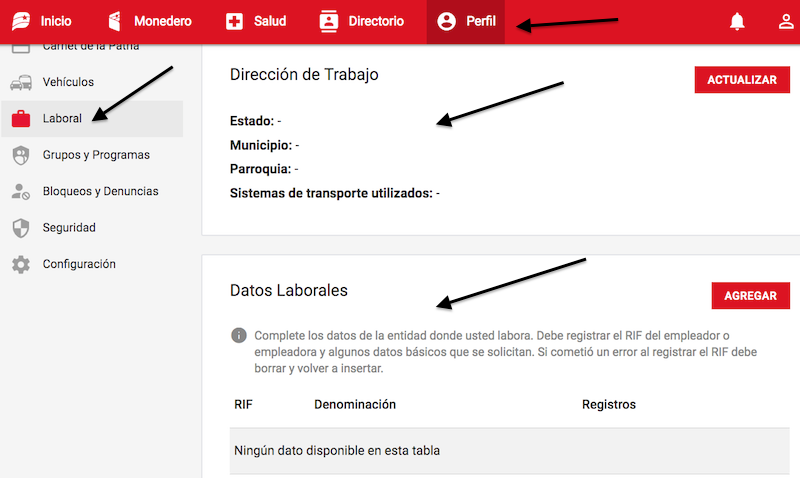 En la opción Perfil-submenú Laboral, rellenas los datos de la institución pública o privada donde laboras. Recuerda que la empresa debe ingresar por su cuenta los datos tuyos, para que el sistema los valide