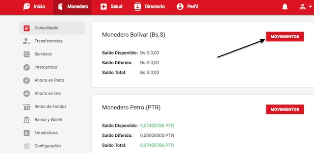 Cuando ingreses al sistema patria, ve a la opción (lado izquierdo de la página) CONSOLIDADO, para que te ofrezca una ventana con la opción de "Movimiento" de tus transacciones en Petros y Bolívares